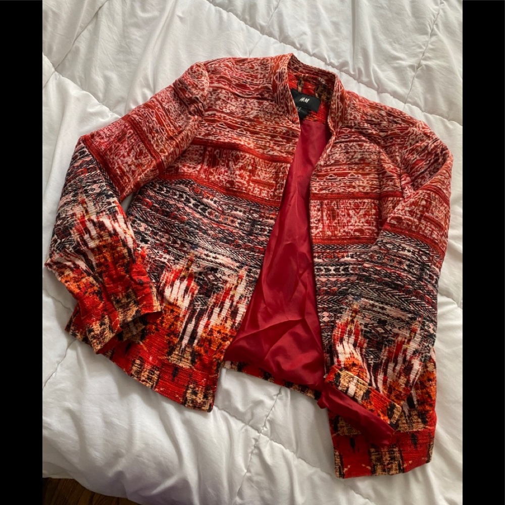 Red Multicolor Cropped Mandarin Color Blazer H&M